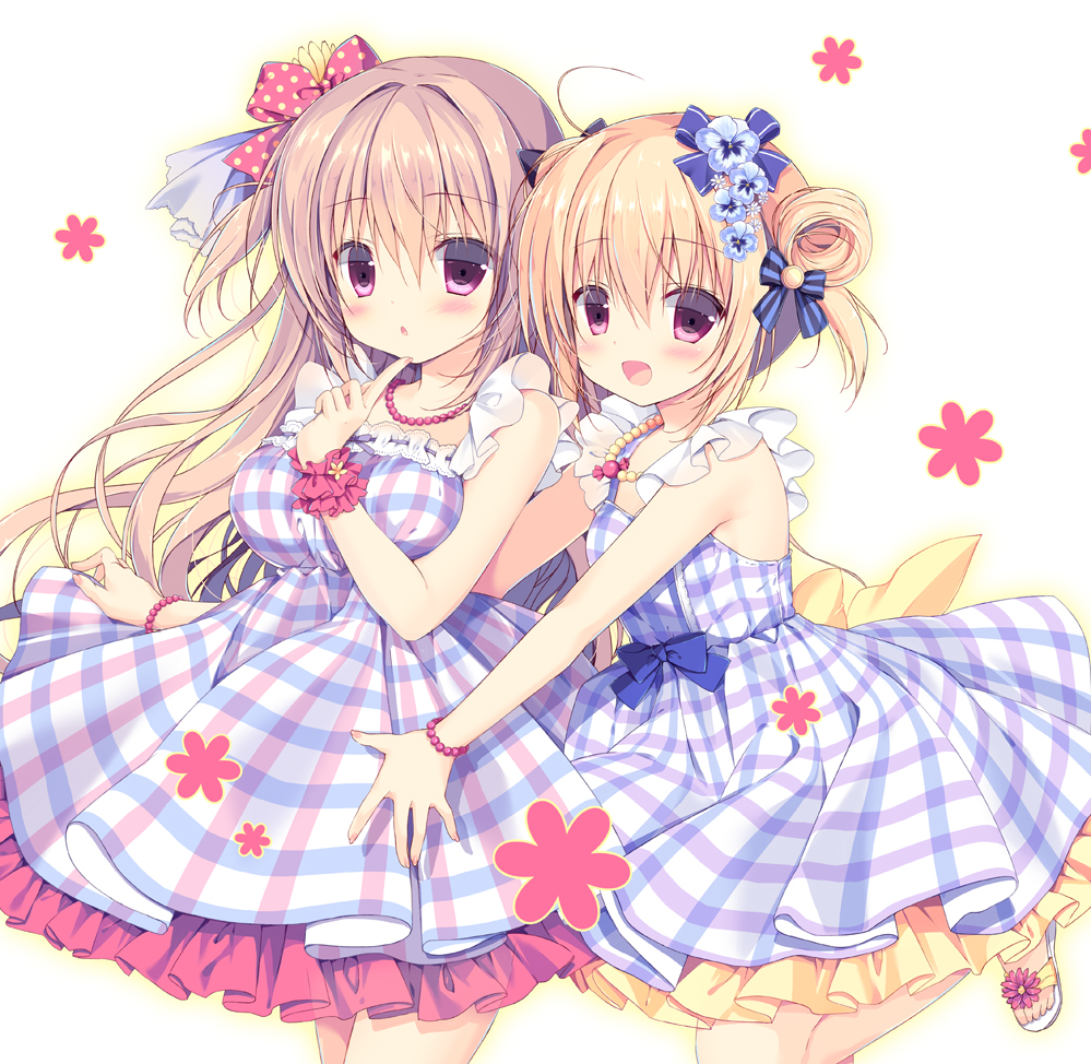 2girls :d ahoge apron blonde_hair bow brown_hair collarbone commentary_request double_bun finger_to_chin hair_bow hair_ornament hair_ribbon hug hug_from_behind index_finger_raised jewelry long_hair looking_at_viewer miyasaka_miyu multiple_girls necklace one_side_up open_mouth original parted_lips pearl_necklace plaid plaid_apron ribbon smile violet_eyes
