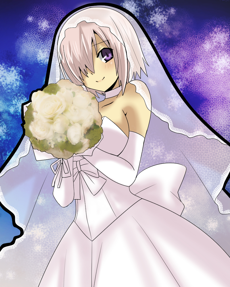 1girl bare_shoulders bouquet breasts bridal_veil bride choker dress elbow_gloves fate/grand_order fate_(series) flower formal gloves hair_over_one_eye large_breasts looking_at_viewer matsudora124 purple_hair ribbon_choker shielder_(fate/grand_order) short_hair solo strapless veil violet_eyes wedding_dress white_dress white_gloves
