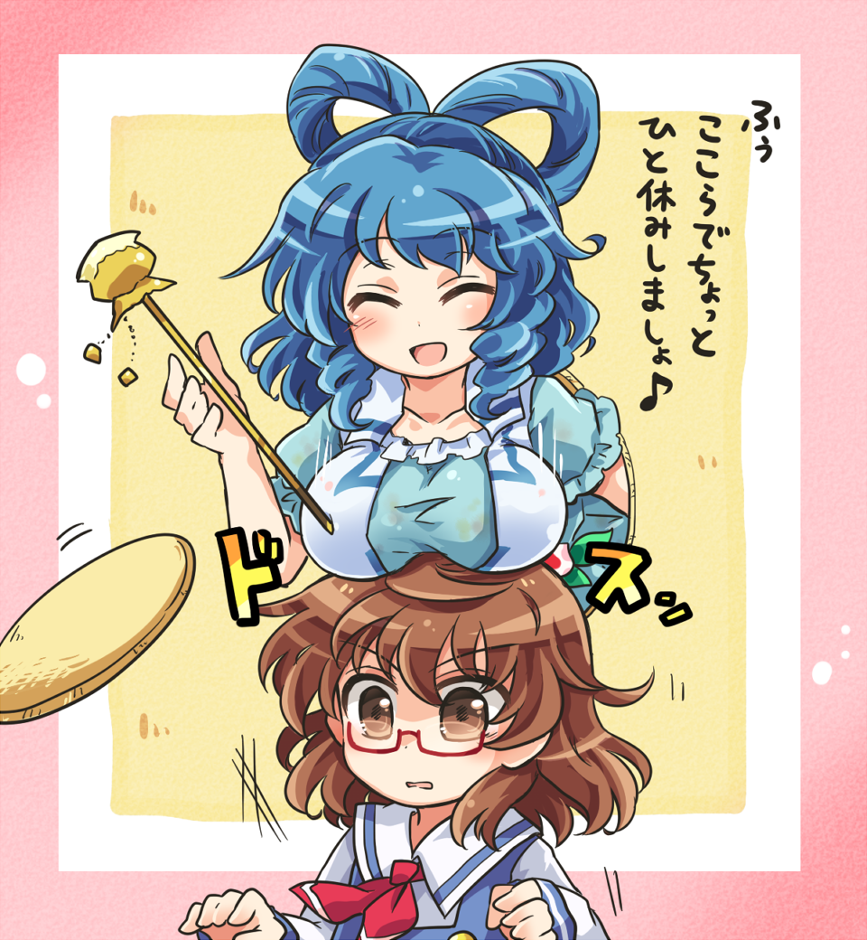 2girls ^_^ blue_hair breast_rest breasts breasts_on_head brown_eyes brown_hair closed_eyes glasses hair_ornament hair_rings hair_stick kaku_seiga long_sleeves looking_at_viewer medium_breasts multiple_girls musical_note on_head person_on_head pink_border pote_(ptkan) puffy_short_sleeves puffy_sleeves quaver red-framed_eyewear school_uniform semi-rimless_glasses short_hair short_sleeves surprised through_wall touhou translation_request under-rim_glasses upper_body usami_sumireko yellow_background