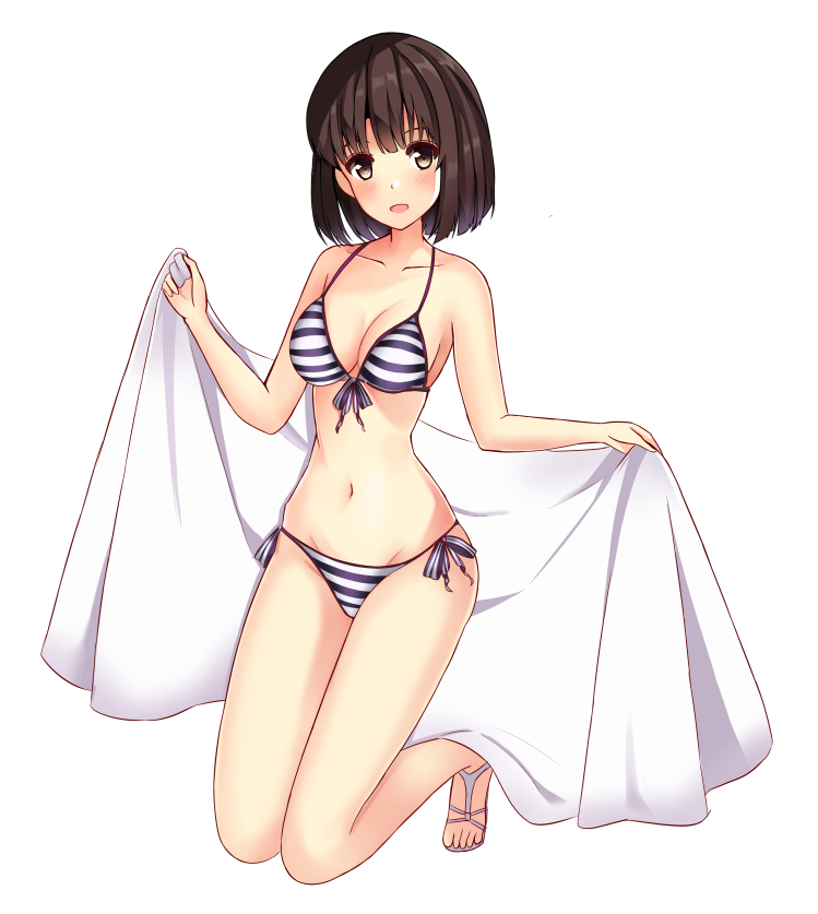 1girl bikini breasts brown_eyes brown_hair front-tie_top frontera full_body katou_megumi kneeling large_breasts looking_at_viewer open_mouth saenai_heroine_no_sodatekata sarong short_hair side-tie_bikini simple_background solo striped striped_bikini swimsuit white_background