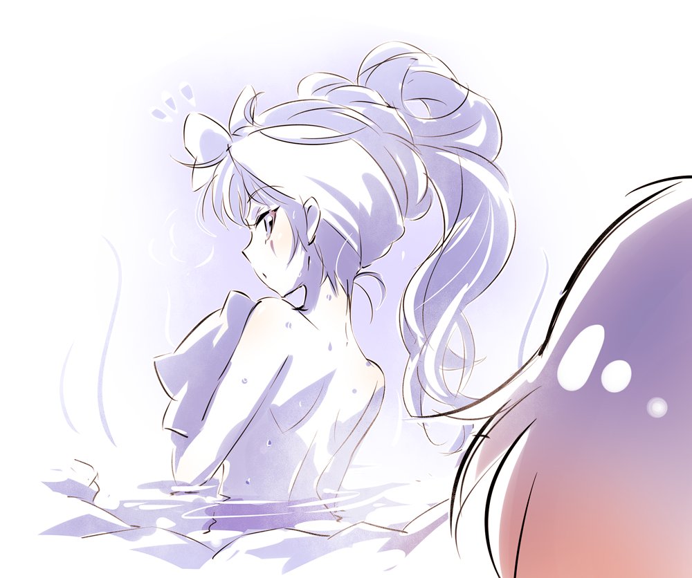 2girls commentary_request eye_scar from_behind iesupa multiple_girls nude onsen ruby_rose rwby sweat tied_hair towel towel_on_head water weiss_schnee
