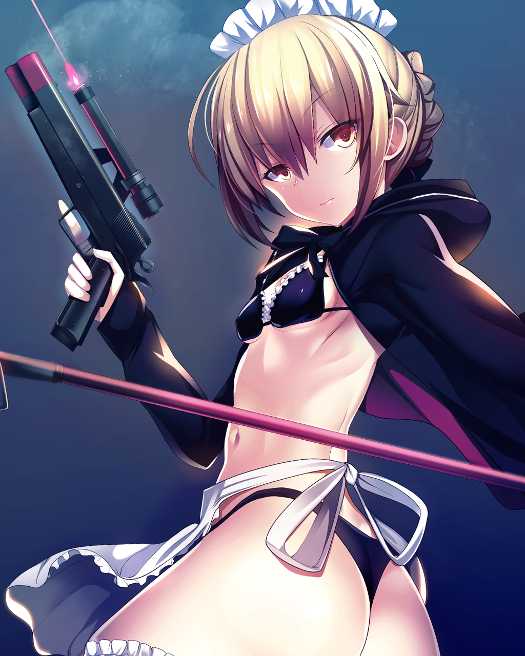 apron artoria_pendragon_(all) bikini black_bikini blonde_hair breasts brown_eyes cocked_hammer fate/grand_order fate_(series) gun highres holding holding_gun holding_weapon laser_sight looking_at_viewer maid_headdress saber_alter silly_(marinkomoe) small_breasts swimsuit trigger_discipline weapon