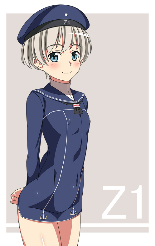 1girl anchor blue_eyes blush character_name clothes_writing dress erect_nipples hat kantai_collection looking_at_viewer military military_uniform peaked_cap ra-pen sailor_dress sailor_hat short_hair silver_hair smile solo uniform z1_leberecht_maass_(kantai_collection)