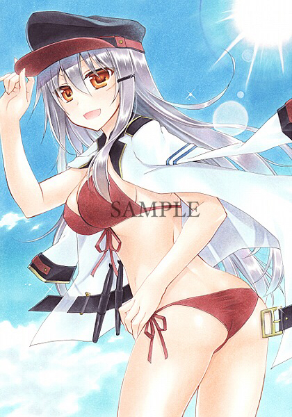 1girl ass bikini gangut_(kantai_collection) grey_hair hat jacket kantai_collection kuma317kuma long_hair long_sleeves military military_hat military_jacket military_uniform open_mouth red_eyes red_swimsuit remodel_(kantai_collection) sample scar scar_on_cheek solo sunset swimsuit torpedo uniform