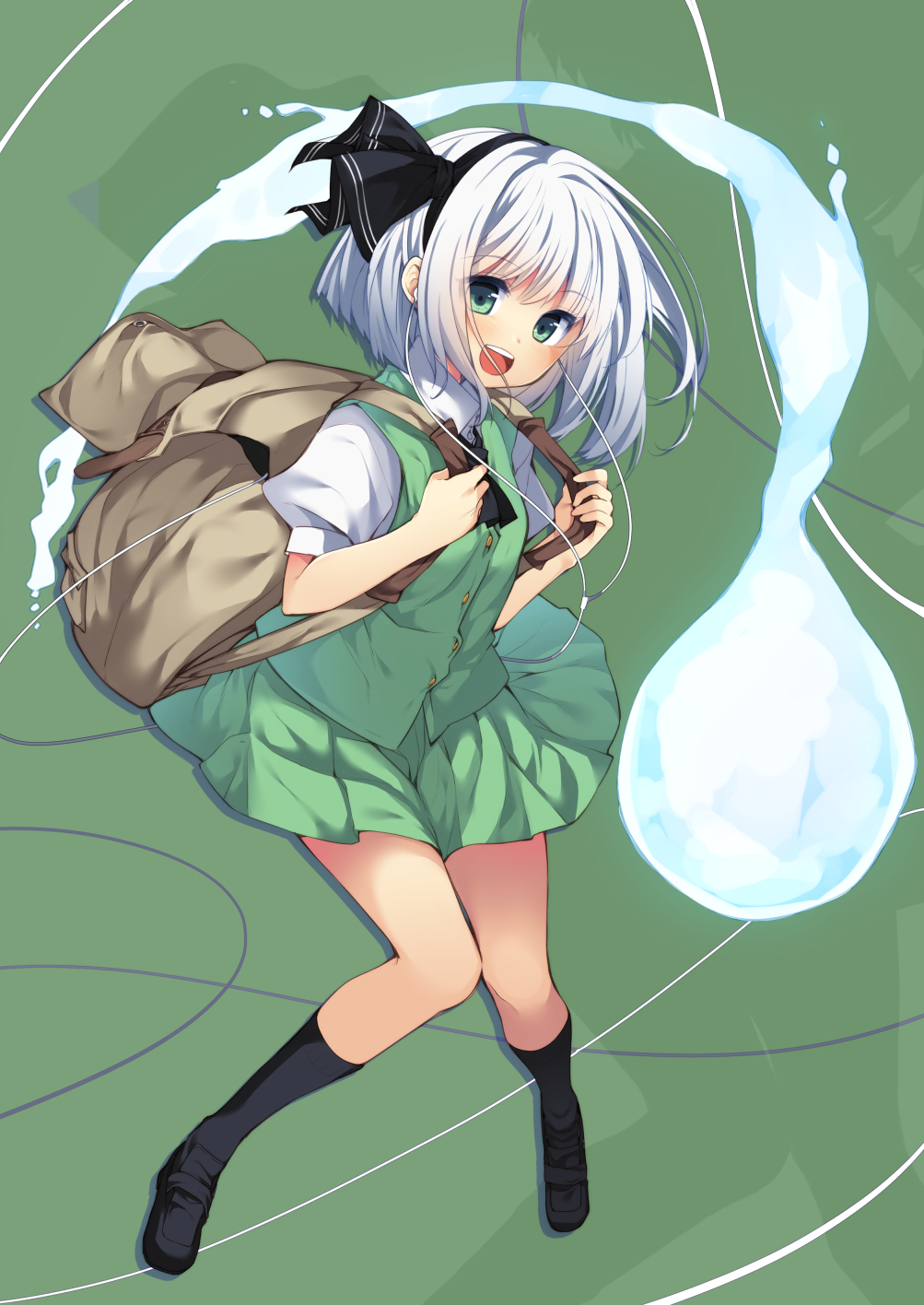 1girl ascot backpack bag bangs black_legwear black_ribbon black_shoes buttons collared_shirt full_body green_eyes green_skirt hair_ribbon highres konpaku_youmu konpaku_youmu_(ghost) miniskirt nigo_(aozoragarou) open_mouth puffy_sleeves ribbon shirt shoes skirt skirt_set smile socks solo standing touhou vest white_hair white_shirt wing_collar