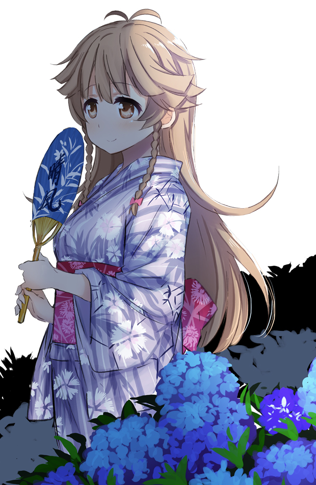 1girl abe_kanari alternate_costume antenna_hair bangs blonde_hair braid brown_eyes eyebrows_visible_through_hair fan floral_print flower from_side high_school_fleet holding hydrangea japanese_clothes kimono long_hair long_sleeves looking_to_the_side nosa_kouko obi paper_fan sash smile solo twin_braids uchiwa white_background wide_sleeves yukata