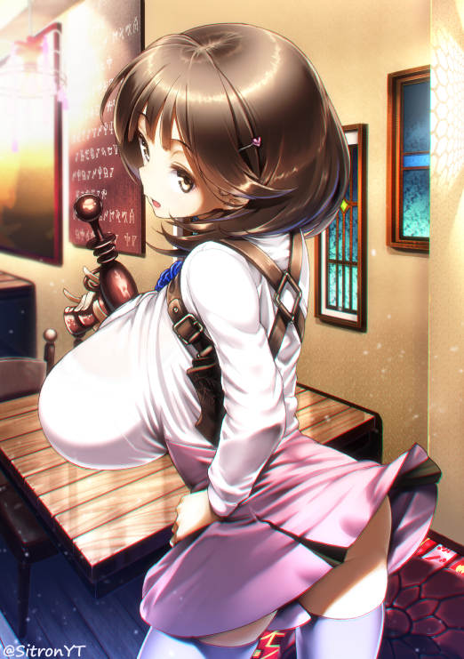 1girl ass breasts brown_eyes brown_hair energy_gun hair_ornament hairclip hand_on_hip huge_breasts impossible_clothes looking_to_the_side narusawa_ryouka occultic;nine parted_lips purple_legwear ray_gun short_hair skindentation skirt solo thigh-highs thighs twitter_username weapon yuushi_tessen