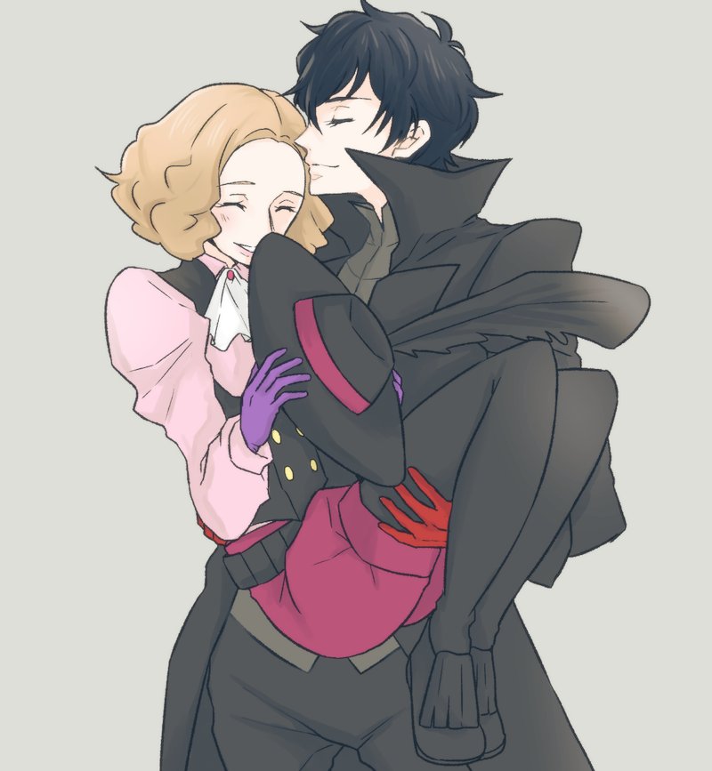 1boy 1girl black_hair black_legwear brown_hair carrying closed_eyes commentary commentary_request couple cravat gloves hat_feather kurusu_akira noro_noue okumura_haru pantyhose persona persona_5 princess_carry purple_gloves red_gloves trench_coat