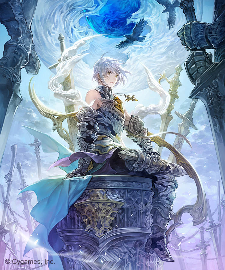 1boy armor bare_shoulders bird breastplate fantasy gauntlets hakou_(barasensou) looking_at_viewer male_focus official_art parted_lips shingeki_no_bahamut sitting smile solo statue sword weapon white_hair yellow_eyes