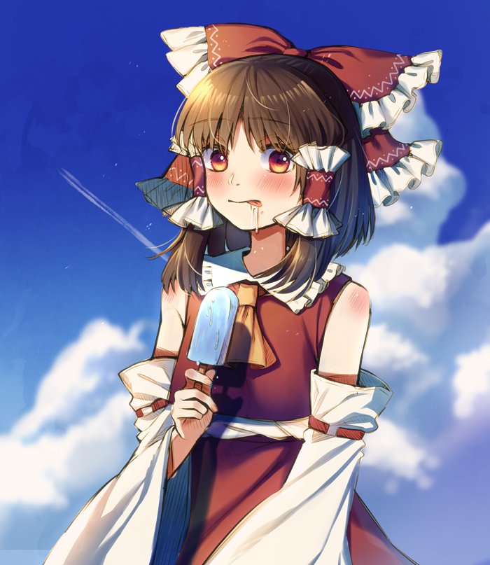 1girl :p ascot bangs bare_shoulders blue_sky blush bow brown_hair clouds cloudy_sky cowboy_shot day detached_sleeves food hair_bow hair_tubes hakurei_reimu long_sleeves looking_at_viewer nontraditional_miko popsicle red_bow red_eyes red_skirt red_vest retota ribbon-trimmed_sleeves ribbon_trim sidelocks skirt skirt_set sky solo tongue tongue_out touhou vest wide_sleeves
