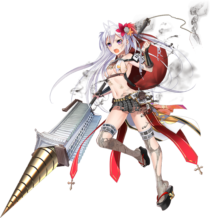 &gt;:o 1girl :o antenna_hair breasts checkered checkered_skirt cleavage flower full_body hair_flower hair_ornament holding holding_spear holding_weapon long_hair medium_breasts midriff murakami_yuichi navel official_art open_mouth oshiro_project oshiro_project_re oyama_(oshiro_project) pleated_skirt polearm purple_hair sideboob skirt spear thigh-highs torn_clothes torn_skirt transparent_background two_side_up very_long_hair weapon white_hair