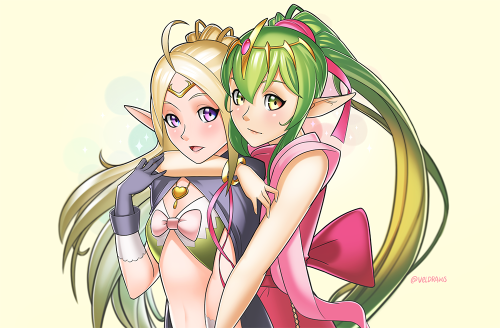 2girls ahoge blush cape chiki circlet fire_emblem fire_emblem:_kakusei fire_emblem:_mystery_of_the_emblem fire_emblem_heroes gloves green_eyes green_hair hair_ornament hair_ribbon hug jewelry long_hair looking_at_viewer multiple_girls nowi_(fire_emblem) open_mouth pointy_ears ponytail ribbon smile tiara velladonna violet_eyes