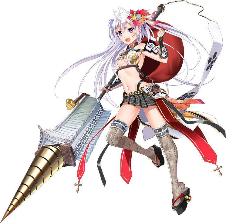 &gt;:d 1girl :d antenna_hair breasts checkered checkered_skirt cleavage flower full_body hair_flower hair_ornament holding holding_spear holding_weapon long_hair medium_breasts midriff murakami_yuichi navel official_art open_mouth oshiro_project oshiro_project_re oyama_(oshiro_project) pleated_skirt polearm purple_hair sideboob skirt smile spear thigh-highs transparent_background two_side_up very_long_hair weapon white_hair