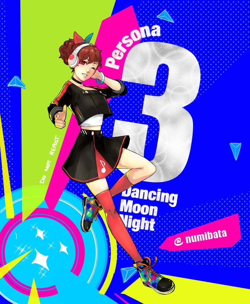 1girl bow copyright_name female_protagonist_(persona_3) finger_gun full_body hair_bow headphones looking_at_viewer numibata one_eye_closed parted_lips persona persona_3 persona_3:_dancing_moon_night persona_3_portable persona_dancing_night pointing pointing_at_viewer ponytail red_eyes shoes skirt smile sneakers sparkle twitter_username