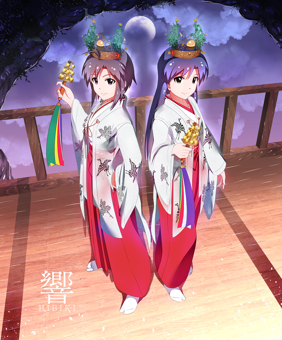 2girls back-to-back bell black_hair blue_hair brown_eyes clouds contrapposto hair_ornament hakama idolmaster japanese_clothes kikuchi_makoto kisaragi_chihaya long_hair long_sleeves miko moon multiple_girls no_shoes ns.x patterned_clothing purple_sky railing red_hakama short_hair violet_eyes white_legwear wide_sleeves wooden_floor