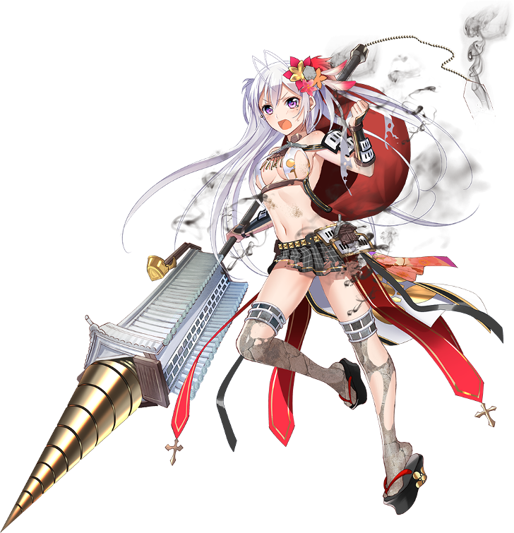 &gt;:o 1girl :o antenna_hair breasts checkered checkered_skirt cleavage flower full_body hair_flower hair_ornament holding holding_spear holding_weapon long_hair medium_breasts midriff murakami_yuichi navel official_art open_mouth oshiro_project oshiro_project_re oyama_(oshiro_project) pleated_skirt polearm purple_hair sideboob skirt spear thigh-highs torn_clothes torn_skirt transparent_background two_side_up very_long_hair weapon white_hair