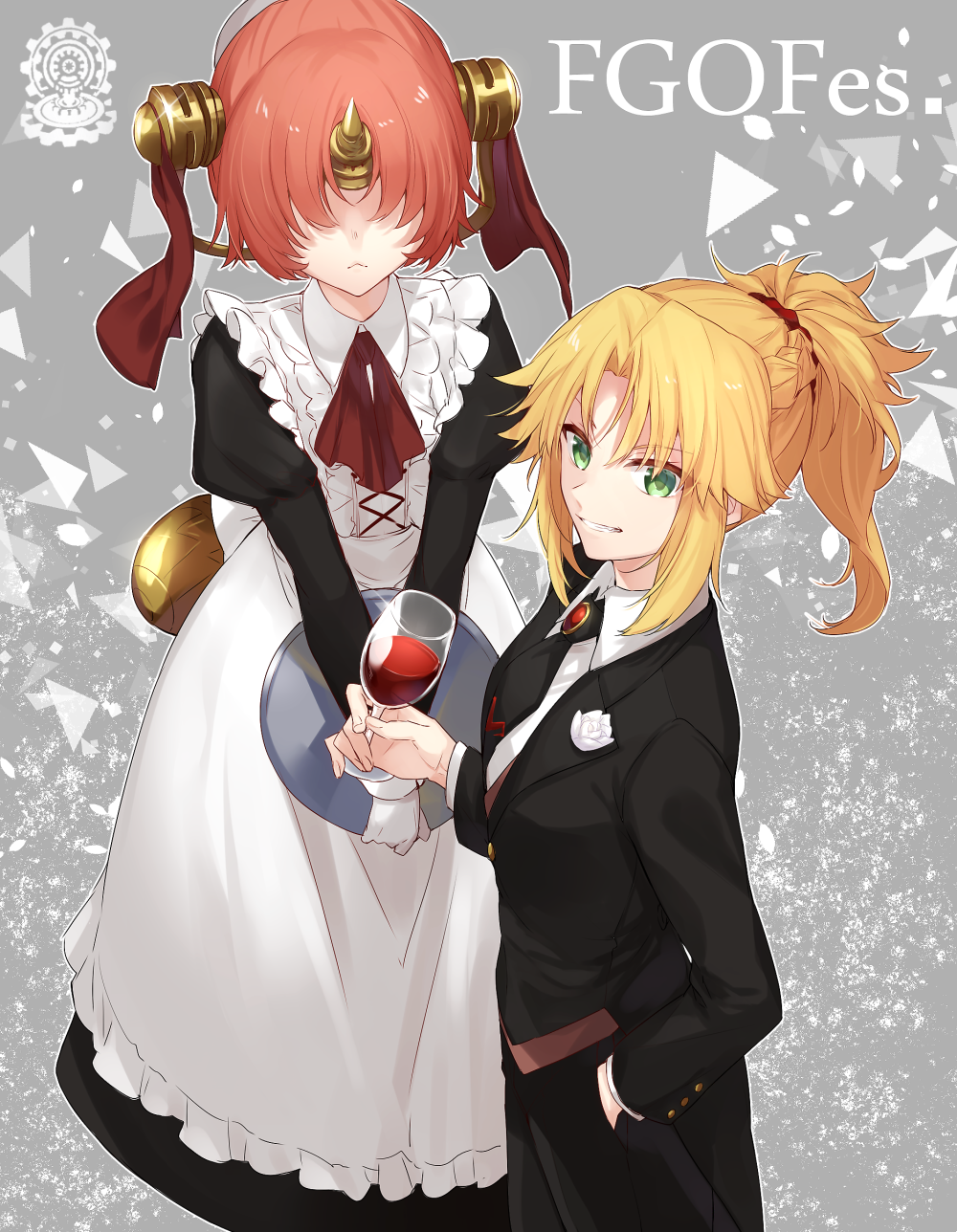 2girls apron bangs berserker_of_black blonde_hair citron_82 closed_mouth cup drinking_glass fate/apocrypha fate_(series) formal frilled_apron frills green_eyes grin hair_over_eyes hand_in_pocket highres holding holding_drinking_glass holding_glass juliet_sleeves long_sleeves maid multiple_girls parted_bangs parted_lips pink_hair ponytail puffy_sleeves saber_of_red short_hair sidelocks smile standing suit tuxedo wine_glass