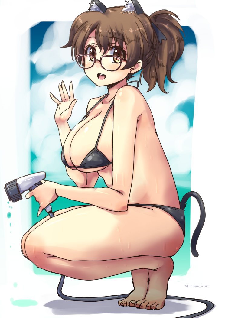 10s 1girl animal_ears bangs barefoot bespectacled bikini black-framed_eyewear black_bikini breasts brown_eyes brown_hair cat_ears cat_tail eyebrows_visible_through_hair faucet from_side full_body girls_und_panzer glasses holding hose kemonomimi_mode koyama_yuzu large_breasts looking_at_viewer open_mouth outside_border shinshin short_hair short_ponytail smile solo squatting swimsuit tail twitter_username waving wet