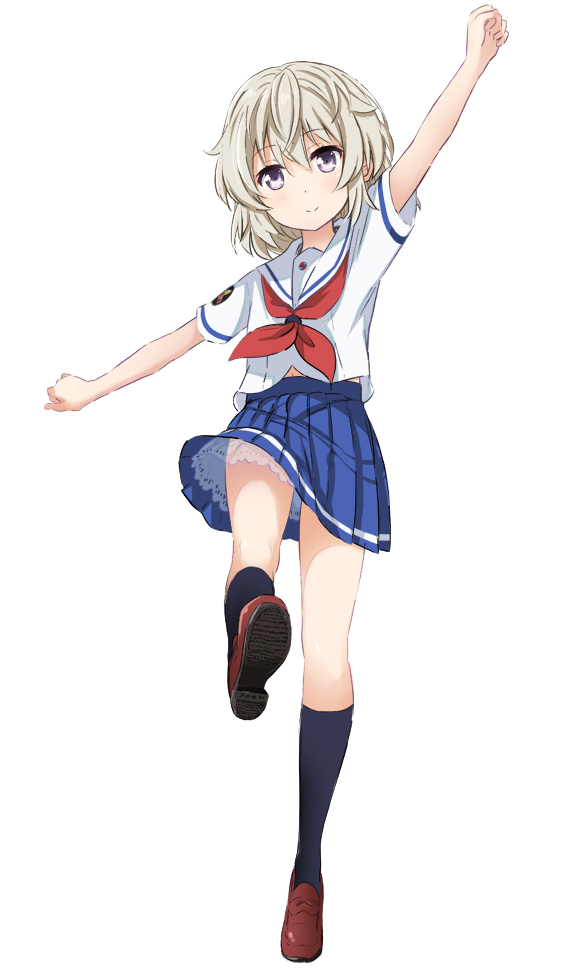 1girl abe_kanari arm_up black_legwear emblem frilled_skirt frills full_body high_school_fleet kneehighs loafers looking_at_viewer neckerchief outstretched_arms pleated_skirt red_neckerchief school_uniform serafuku shoes short_hair short_sleeves simple_background skirt smile solo standing standing_on_one_leg tateishi_shima violet_eyes white_background white_hair