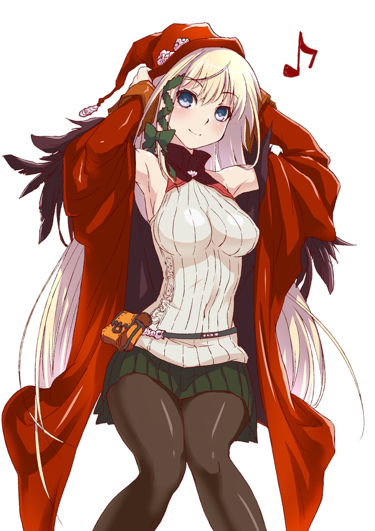 1girl age_of_ishtaria bare_shoulders black_legwear blonde_hair blue_eyes breasts christmas cloak feathers invisible_chair long_hair medium_breasts miniskirt musical_note pantyhose pleated_skirt pouch ribbed_sweater sitting sjw_kazuya skirt sleeveless sleeveless_turtleneck smile sweater turtleneck very_long_hair white_background