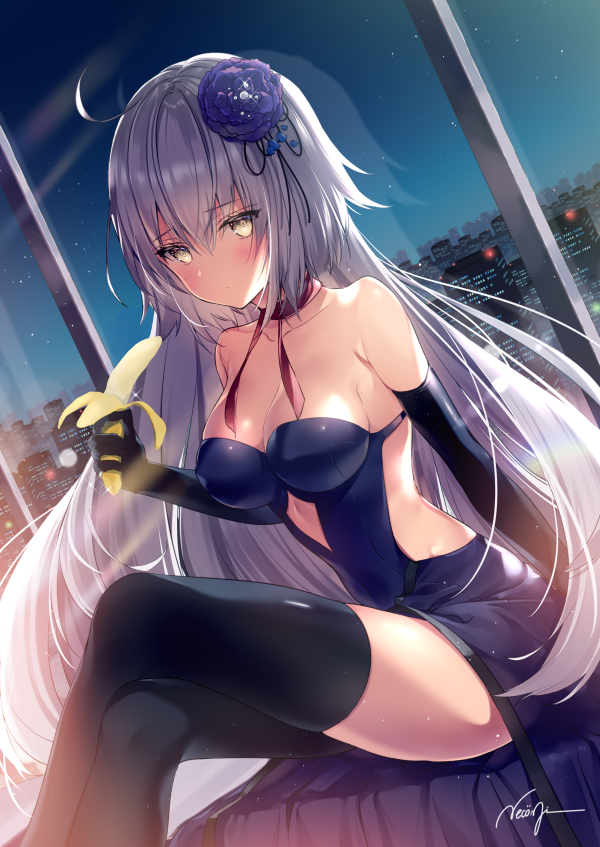 1girl banana bare_shoulders black_gloves black_legwear blue_dress blush breasts choker cleavage cup dress dutch_angle elbow_gloves eyebrows_visible_through_hair fate/grand_order fate_(series) flower food fruit gloves hair_between_eyes hair_flower hair_ornament holding holding_food indoors jeanne_alter large_breasts legs_crossed light_brown_eyes long_hair looking_at_viewer necomi_(gussan) ribbon_choker ruler_(fate/apocrypha) silver_hair sitting solo strapless strapless_dress thigh-highs very_long_hair