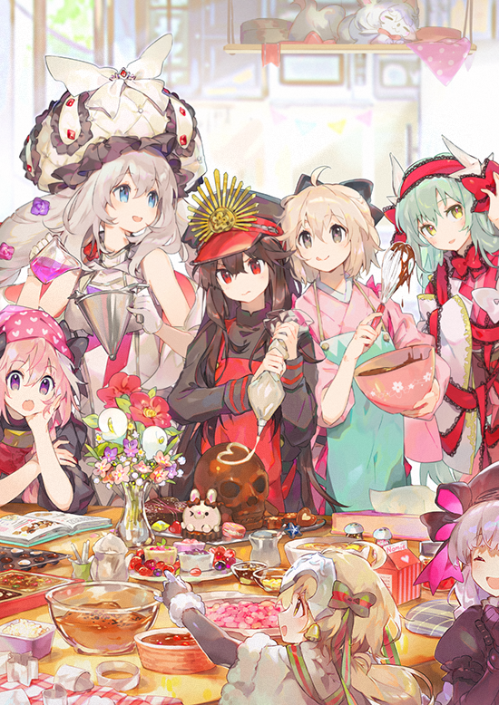 10s 1boy 6+girls :d :q ahoge apron aqua_hair artist_name bangs beaker black_gloves blonde_hair blue_eyes book bouquet bow bowl bowtie cake carton chin_rest chocolate chocolate_cake chocolate_heart closed_eyes cookie cooking creature day demon_archer dress elbow_gloves eyebrows_visible_through_hair fate/apocrypha fate/extra fate/grand_order fate_(series) flower food fou_(fate/grand_order) fruit fur_trim gloves grey_eyes hair_between_eyes hair_bow hair_ribbon hat headpiece heart heart_print holding holding_bowl horns indoors japanese_clothes jeanne_alter jeanne_alter_(santa_lily)_(fate) kitchen kiyohime_(fate/grand_order) koha-ace laughing long_hair long_sleeves marie_antoinette_(fate/grand_order) mixing_bowl multiple_girls namie-kun nursery_rhyme_(fate/extra) open_book open_mouth peaked_cap pepper_shaker pink_eyes reading red_eyes ribbon rider_of_black ruler_(fate/apocrypha) sakura_saber salt_shaker shinsengumi short_hair short_sleeves silver_hair skull smile star table tissue tissue_box tongue tongue_out trap tray twintails vase violet_eyes whisk white_gloves wide_sleeves window yellow_eyes