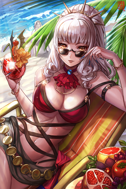 1girl beach bikini blonde_hair box_(hotpppink) breasts carmilla_(fate/grand_order) cleavage drink fate/grand_order fate_(series) fingernails food fruit grapefruit jewelry light_smile long_fingernails long_hair lying medium_breasts navel necklace on_side palm_tree parted_lips pomegranate red_bikini red_swimsuit sand solo summertime_mistress_(fate/grand_order) sunglasses swimsuit thighs toned tree water white_hair wide_hips