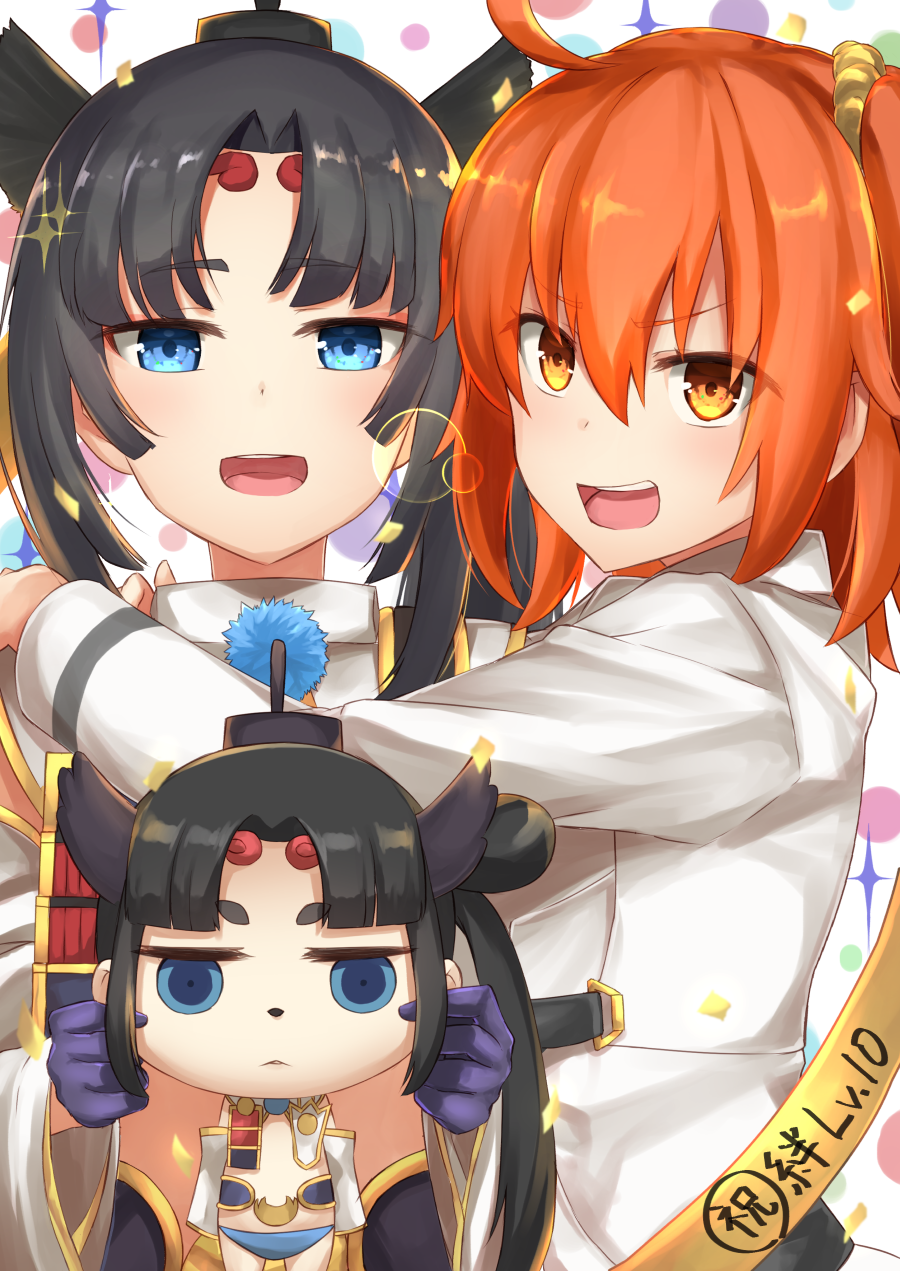 &gt;:d 2girls :&lt; :d ahoge bangs black_hair blue_eyes blush character_doll fate/grand_order fate_(series) fujimaru_ritsuka_(female) hair_between_eyes hair_ornament hair_scrunchie half-closed_eyes highres jitome long_hair long_sleeves looking_at_viewer multiple_girls open_mouth orange_eyes orange_hair p!nta parted_bangs scrunchie sidelocks smile sparkle teeth thick_eyebrows uniform upper_body ushiwakamaru_(fate/grand_order)