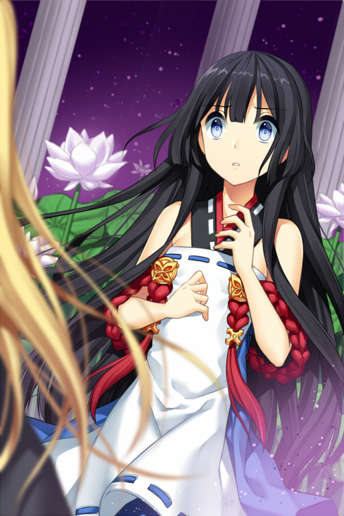 2girls bangs black_hair blonde_hair blue_eyes blunt_bangs breasts column commentary cowboy_shot dress flower hands_on_own_chest jenevan long_hair looking_away multiple_girls parted_lips pillar scared sky small_breasts solo_focus star_(sky) starry_sky sword_girls very_long_hair white_dress white_flower worried