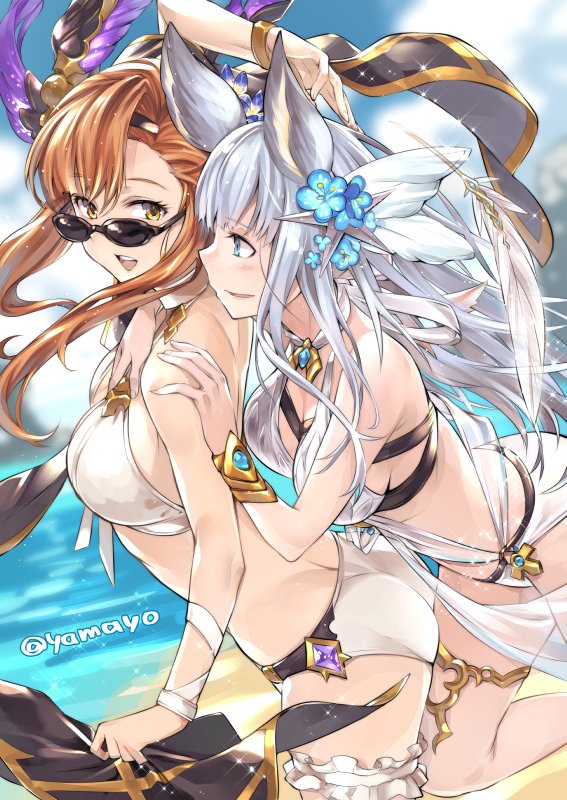10s 2girls :d animal_ears arm arm_up ass back bare_arms bare_shoulders beach bikini blue_eyes blush bracelet breasts brown_hair butt_crack cleavage clouds couple day eye_contact feathers flower granblue_fantasy hair_feathers hair_flower hair_ornament hairband happy highres hug hug_from_behind jewelry kneeling korwa large_breasts long_hair looking_at_another looking_back medium_breasts midriff multiple_girls mutual_yuri open_mouth outdoors round_teeth silver_hair sky smile song_(granblue_fantasy) sunglasses super_zombie swimsuit teeth thighlet water white_bikini white_swimsuit yellow_eyes yuri