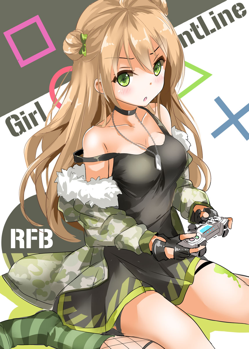 &gt;:o 1girl :o bangs bare_shoulders black_choker black_dress black_gloves blush bow breasts brown_hair choker circle cleavage coat collarbone commentary_request controller copyright_name cross dog_tags double_bun dress eyebrows_visible_through_hair fatkewell fingerless_gloves full_body fur-trimmed_jacket fur_trim game_console game_controller gamepad girls_frontline gloves green_bow green_eyes green_jacket green_legwear hair_bow highres holding jacket kneehighs long_hair long_sleeves looking_at_viewer medium_breasts off_shoulder open_clothes open_jacket playstation_4 playstation_controller rfb_(girls_frontline) shadow simple_background sitting sketch socks solo square strap_slip triangle wariza