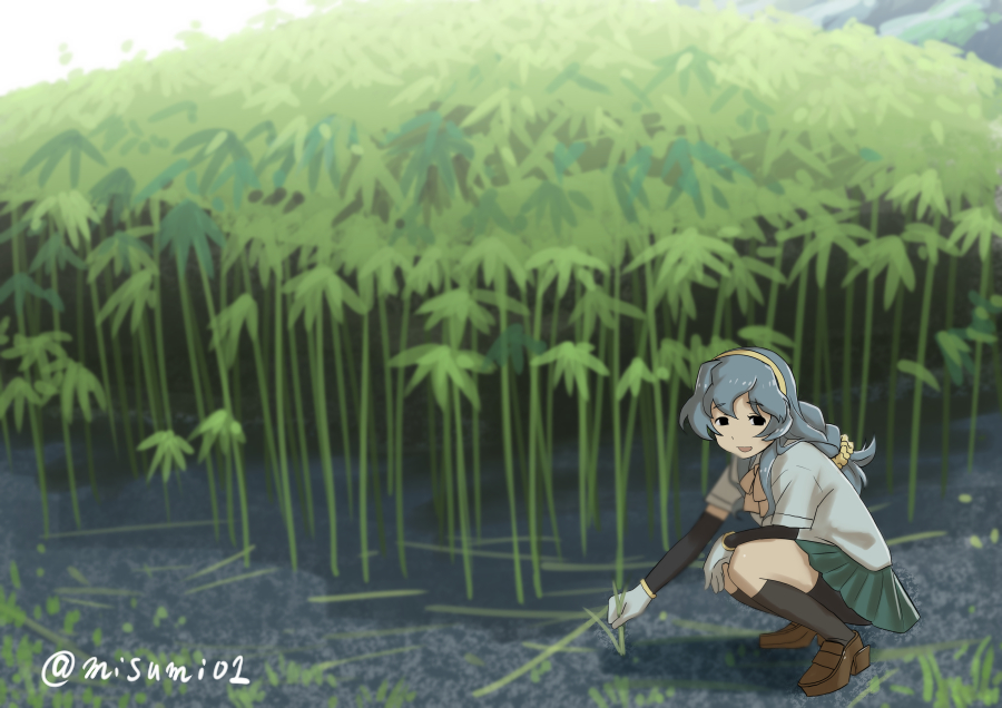 1girl arm_warmers bamboo bamboo_forest bike_shorts bow bowtie braid forest gloves grey_eyes hair_ornament hairband kantai_collection kneehighs long_hair misumi_(niku-kyu) nature open_mouth pleated_skirt ponytail ribbon shirt sidelocks silver_hair single_braid skirt smile solo squatting suspenders twitter_username wavy_hair white_gloves white_shirt yamagumo_(kantai_collection)