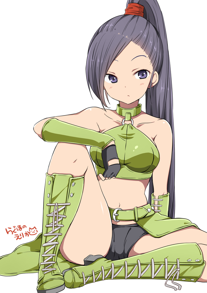 1girl artist_signature bangs bare_shoulders black_gloves boots breasts cross-laced_footwear dragon_quest_xi elbow_on_knee fingerless_gloves gloves lace-up_boots long_hair martina_(dragon_quest_xi) medium_breasts parted_bangs ponytail purple_hair ragho_no_erika sitting solo very_long_hair violet_eyes white_background
