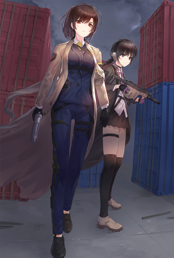 2girls blazer braid brown_hair clouds cloudy_sky ear_protection from_below full_body gloves gun handgun holding holding_gun holding_weapon jacket kfr kriss_super_v long_coat long_hair multiple_girls necktie original pants pistol pleated_skirt red_eyes school_emblem school_uniform shipping_container shoes skirt sky socks standing submachine_gun thigh_strap trigger_discipline violet_eyes weapon