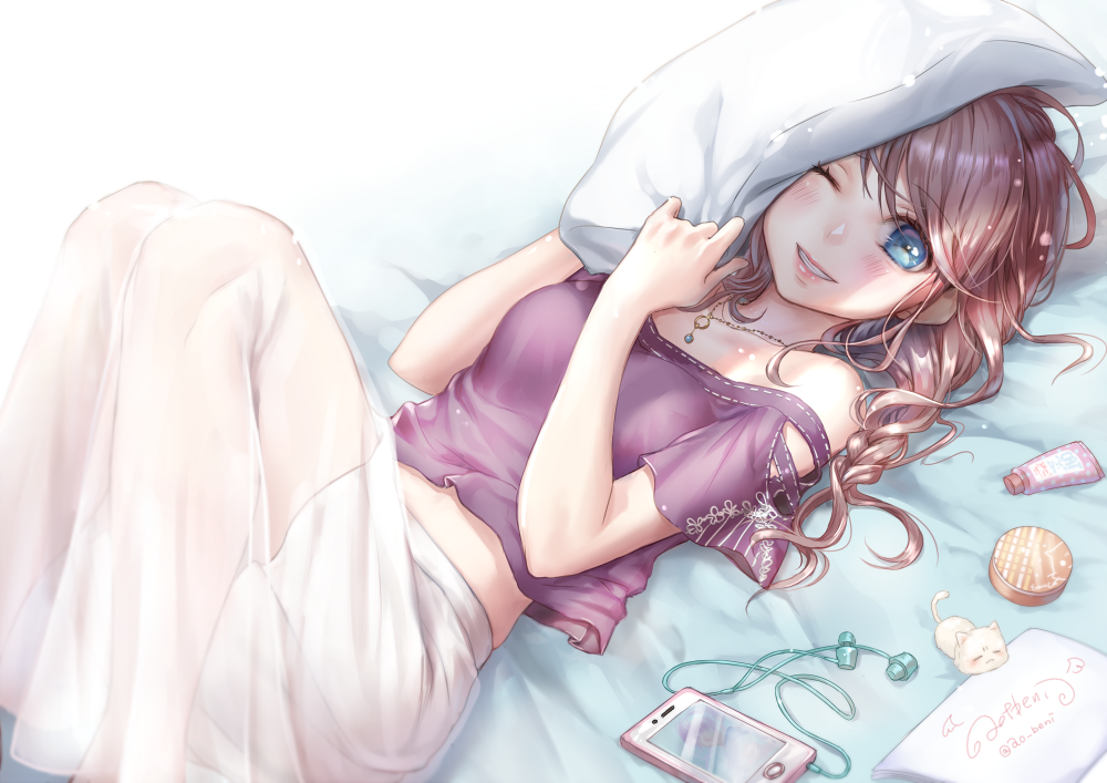 1girl blue_eyes braid brown_hair cellphone earphones earphones grin jewelry legs_up lips lma long_skirt looking_at_viewer lying necklace on_back original phone pillow pleated_skirt see-through skirt smartphone smile solo strap_slip white_skirt