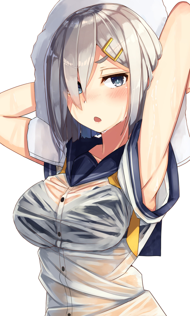 &gt;:o 1girl :o armpits arms_behind_head arms_up black_bra blue_eyes bra breasts bright_pupils eyebrows_visible_through_hair hair_ornament hair_over_one_eye hairclip hamakaze_(kantai_collection) kantai_collection medium_breasts plan_(planhaplalan) sailor_collar sailor_shirt see-through shirt short_hair short_sleeves silver_hair simple_background solo towel towel_on_head underwear wet wet_clothes wet_shirt white_background