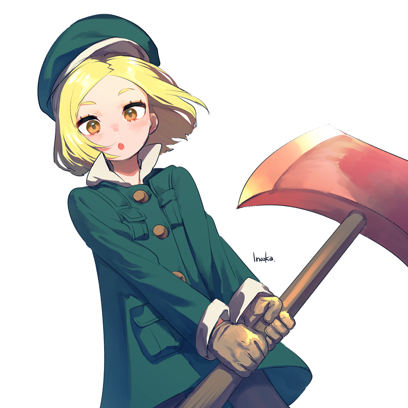 1girl artist_name axe beret blonde_hair coat fate/grand_order fate_(series) fumiko_(throughx2) gloves green_coat hat holding holding_weapon looking_at_viewer paul_bunyan_(fate/grand_order) short_hair solo weapon white_background yellow_eyes