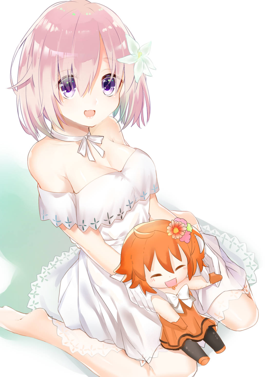 2girls :d bare_shoulders barefoot breasts chashiba chibi choker cleavage dress eyes_visible_through_hair fate/grand_order fate_(series) flower fujimaru_ritsuka_(female) gloves hair_flower hair_ornament hair_over_one_eye highres lavender_hair looking_at_viewer multiple_girls open_mouth ribbon_choker shielder_(fate/grand_order) short_hair sitting smile violet_eyes wariza white_dress white_gloves