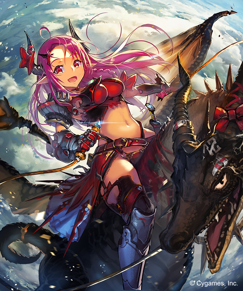 1girl boots clouds dragon horns long_hair looking_at_viewer midriff navel pink_hair pointy_ears red_eyes riding shingeki_no_bahamut solo thigh-highs thigh_boots weapon yui_(niikyouzou)