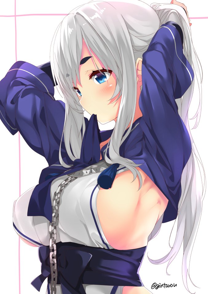 1girl ainu_clothes armpits blue_eyes blue_headband blue_jacket blue_sash blush breasts chains clothes_in_mouth cropped_jacket folded_ponytail from_side gintarou_(kurousagi108) hair_lift headband_removed jacket kamoi_(kantai_collection) kantai_collection large_breasts long_hair looking_to_the_side pelvic_curtain sash sideboob silver_hair simple_background solo twitter_username tying_hair upper_body white_background