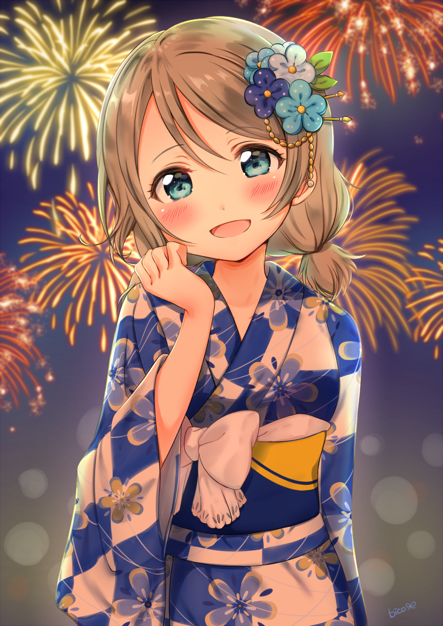 1girl bico_(bicoris) fireworks highres japanese_clothes kimono looking_at_viewer love_live! love_live!_sunshine!! solo watanabe_you