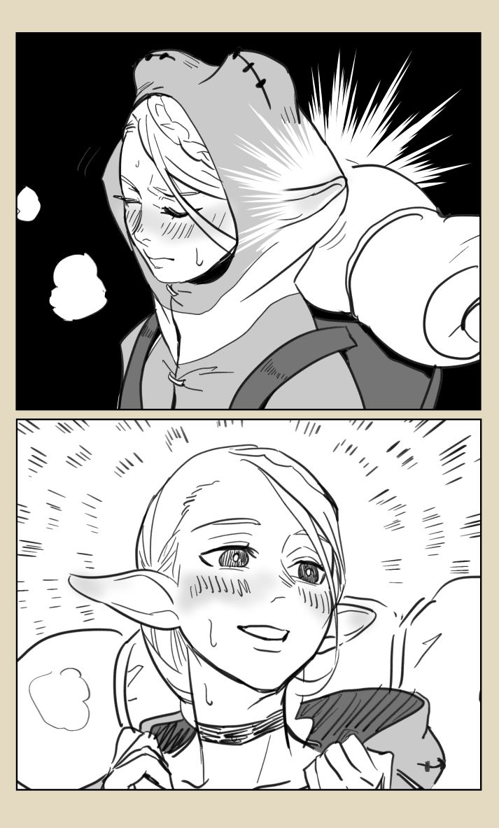 1girl 2koma animal_costume backpack bag before_and_after blush choker close-up closed_eyes comic commentary dungeon_meshi elf frog_costume greyscale hood hood_down hood_up looking_away marcille monochrome parted_lips pointy_ears smile sweatdrop tatara tied_hair