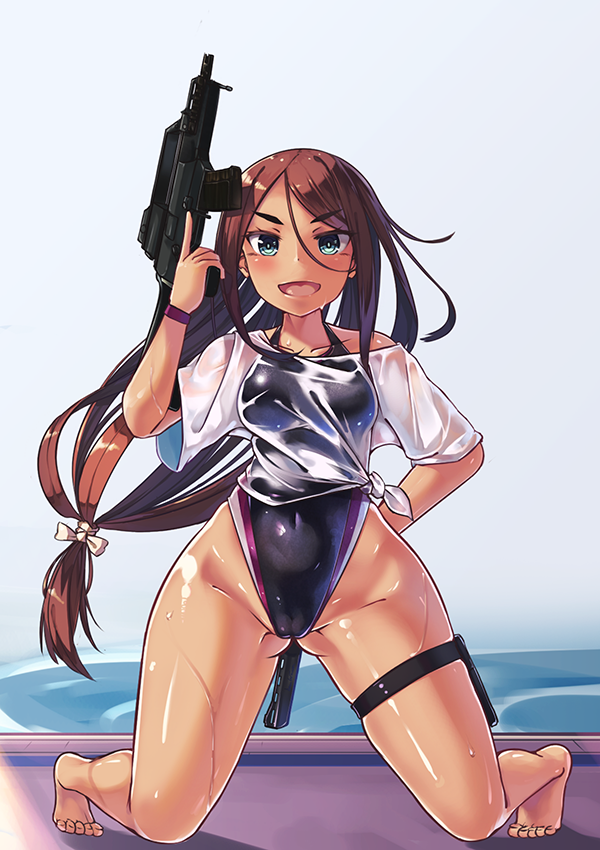 1girl ahagon_umiko barefoot black_swimsuit blue_eyes brown_hair competition_swimsuit dark_skin full_body gluteal_fold gun hair_ribbon kneeling long_hair looking_at_viewer low-tied_long_hair natori_youkai new_game! one-piece_swimsuit ribbon see-through shirt solo swimsuit tied_shirt very_long_hair weapon wet wet_clothes white_ribbon