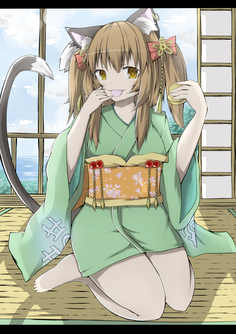 1girl :p alternate_costume alternate_eye_color alternate_hairstyle animal_ears blue_sky brown_hair cat_ears cat_tail chen clouds day finger_to_tongue food green_kimono indoors japanese_clothes jewelry kimono kitoboshi looking_at_viewer multiple_tails obi sash seiza shadow short_hair single_earring sitting sky sliding_doors solo tail tatami tongue tongue_out touhou two_side_up veranda yellow_eyes yukata