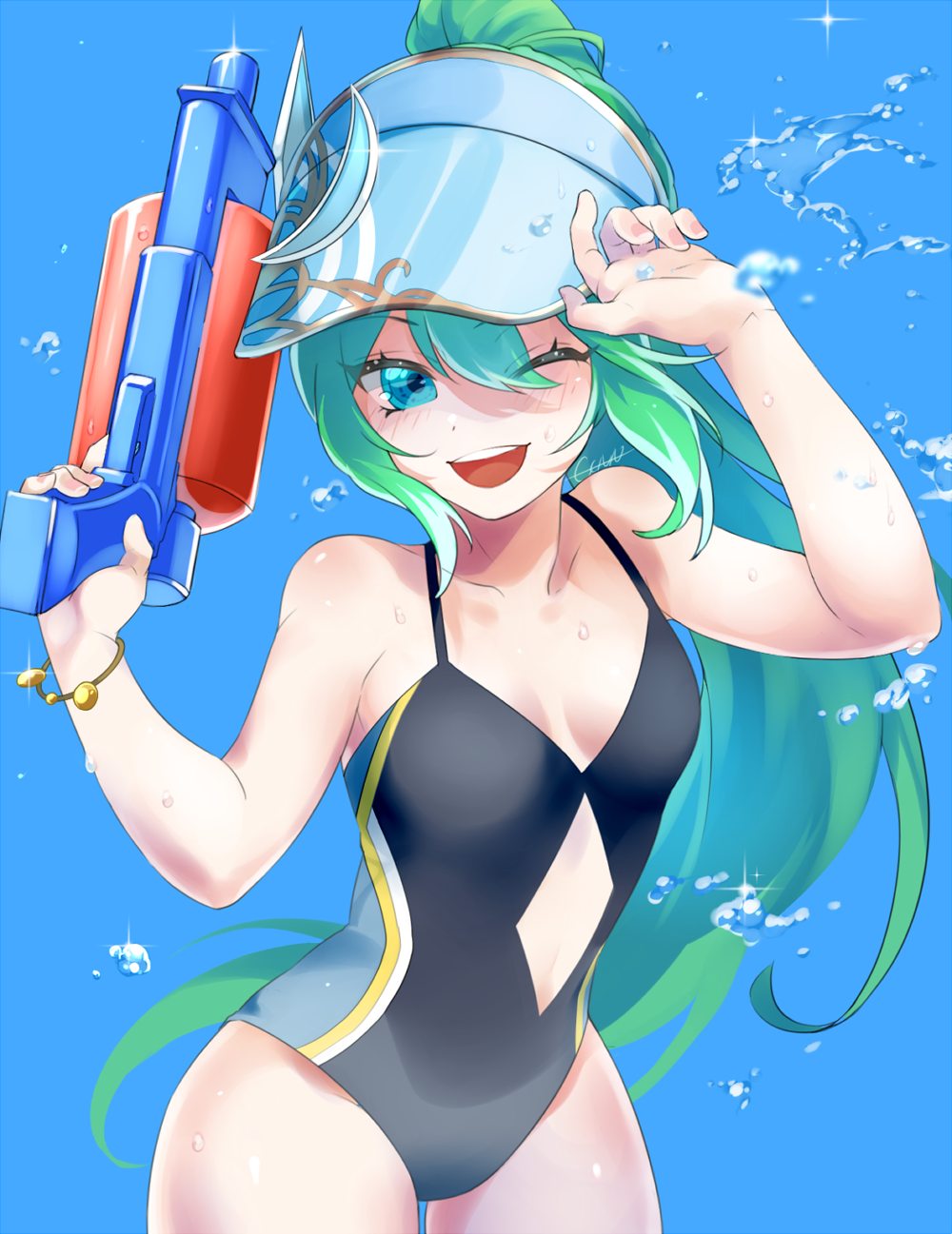1girl artemis_(p&amp;d) blue_eyes covered_navel gen_(gen_m_gen) green_hair hair_between_eyes highres long_hair one-piece_swimsuit one_eye_closed open_mouth ponytail puzzle_&amp;_dragons smile solo swimsuit very_long_hair visor_cap water water_gun