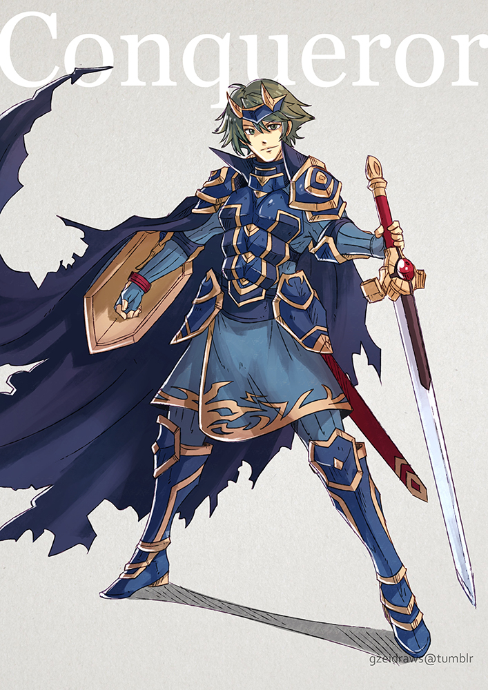 1boy alm_(fire_emblem) armor breastplate english fire_emblem fire_emblem_echoes:_mou_hitori_no_eiyuuou fire_emblem_gaiden full_body gauntlets greaves gzei holding holding_shield holding_sword holding_weapon looking_at_viewer pauldrons shield simple_background smile solo sword weapon