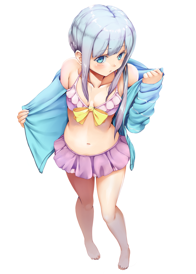 10s 1girl alternate_hairstyle asymmetrical_hair bikini blue_eyes blush bow_bikini breasts cleavage collarbone eromanga_sensei flower frilled_bikini frills front-tie_bikini front-tie_top full_body hair_flower hair_ornament halterneck izumi_sagiri looking_at_viewer medium_breasts midriff navel off_shoulder open_clothes open_mouth parted_lips ponytail rixch side_ponytail silver_hair solo stomach swimsuit tied_hair