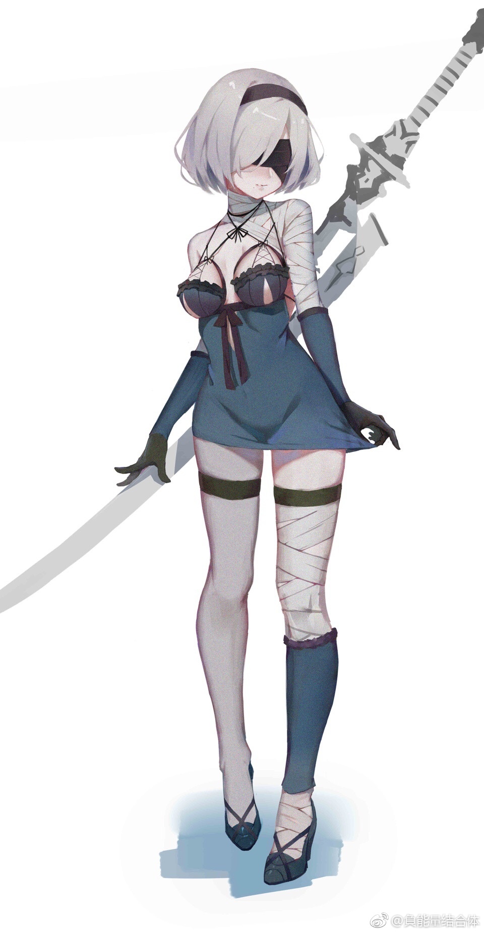 artist_request bandage blindfold bob_cut breasts cosplay covered_navel criss-cross_halter dress dress_tug full_body gloves hair_over_one_eye hairband halterneck high_heels highres kaine_(nier) kaine_(nier)_(cosplay) medium_breasts mole mole_under_mouth nier nier_(series) nier_automata parted_lips revealing_clothes short_dress short_hair silver_hair simple_background standing sword thigh-highs watermark weapon weibo_username white_background white_legwear yorha_no._2_type_b
