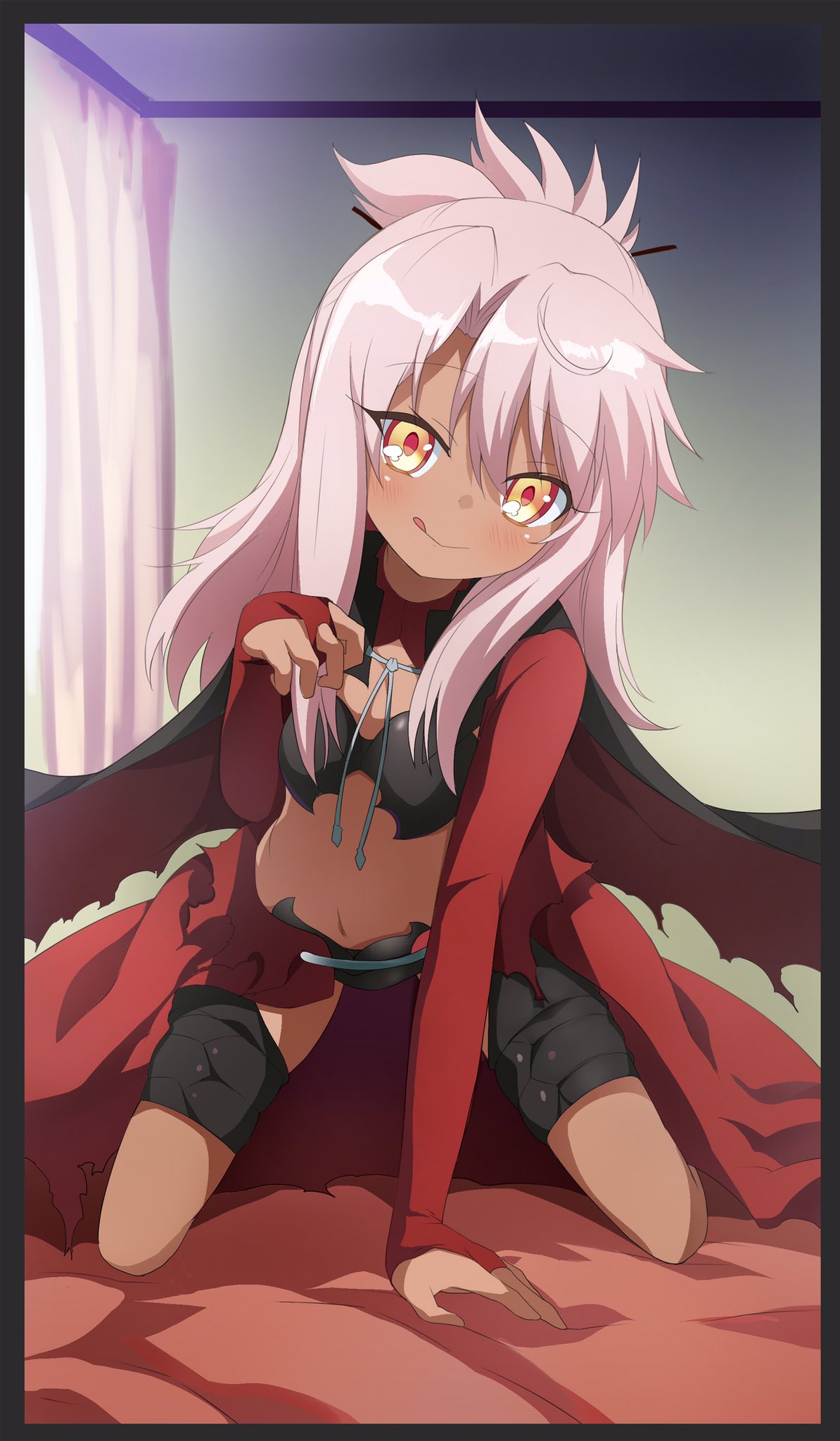 1girl :q bangs bed_sheet black_border blush border cape chloe_von_einzbern closed_mouth curtains dark_skin eyebrows_visible_through_hair fate/kaleid_liner_prisma_illya fate_(series) hair_between_eyes highres indoors kneeling long_hair looking_at_viewer multicolored multicolored_eyes pink_hair shimejinameko sidelocks smile solo tongue tongue_out torn_cape torn_clothes