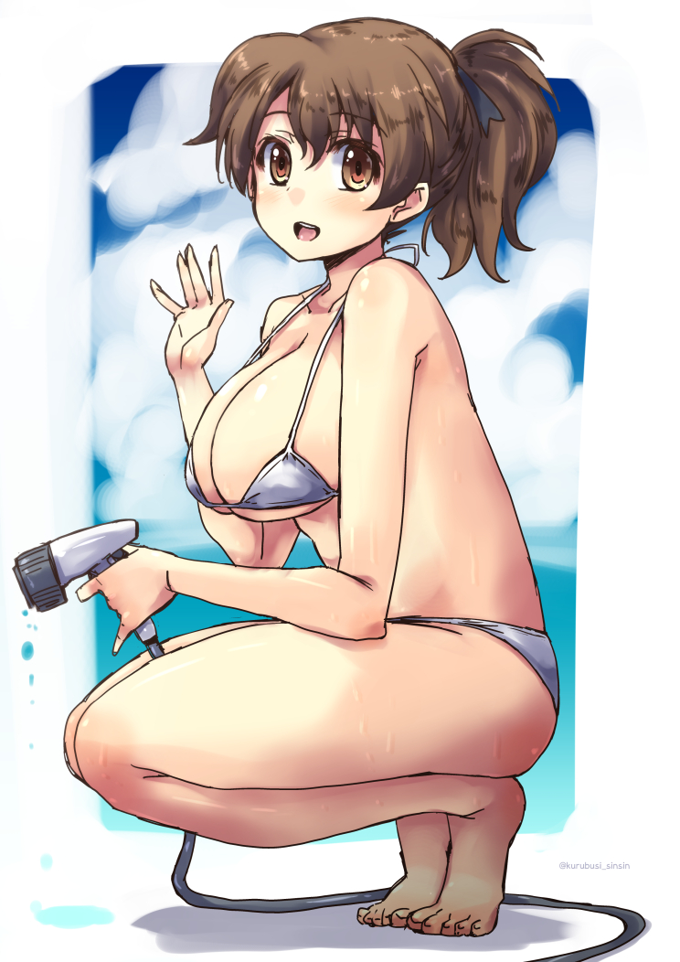 10s 1girl bangs barefoot bikini breasts brown_eyes brown_hair eyebrows_visible_through_hair faucet from_side full_body girls_und_panzer holding hose koyama_yuzu large_breasts looking_at_viewer open_mouth outside_border shinshin short_hair short_ponytail smile solo squatting swimsuit twitter_username waving wet white_bikini